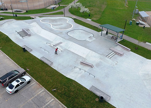 overhead drone photo of the skatepark at gellert